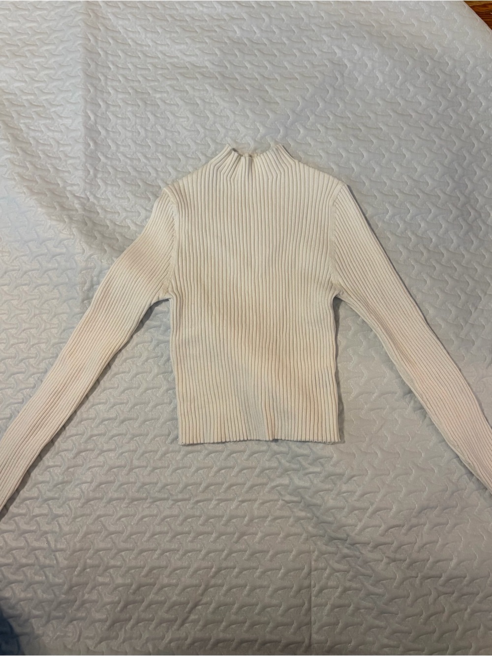 Ribbed Mock Neck Long-Sleeve Top in Cream cropped